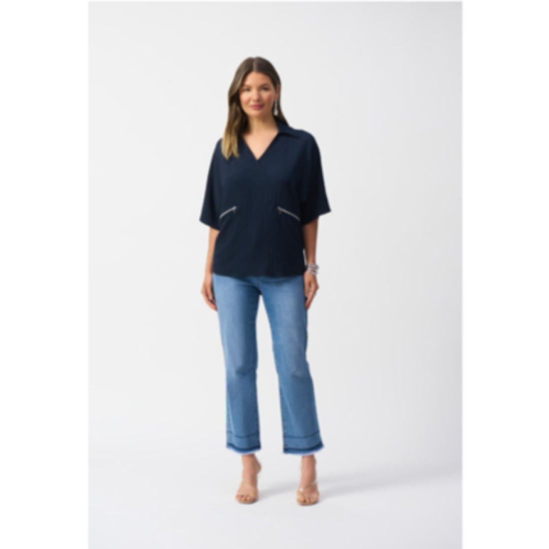 Apparel - Joseph Ribkoff Seersucker Boxy High-Low Top